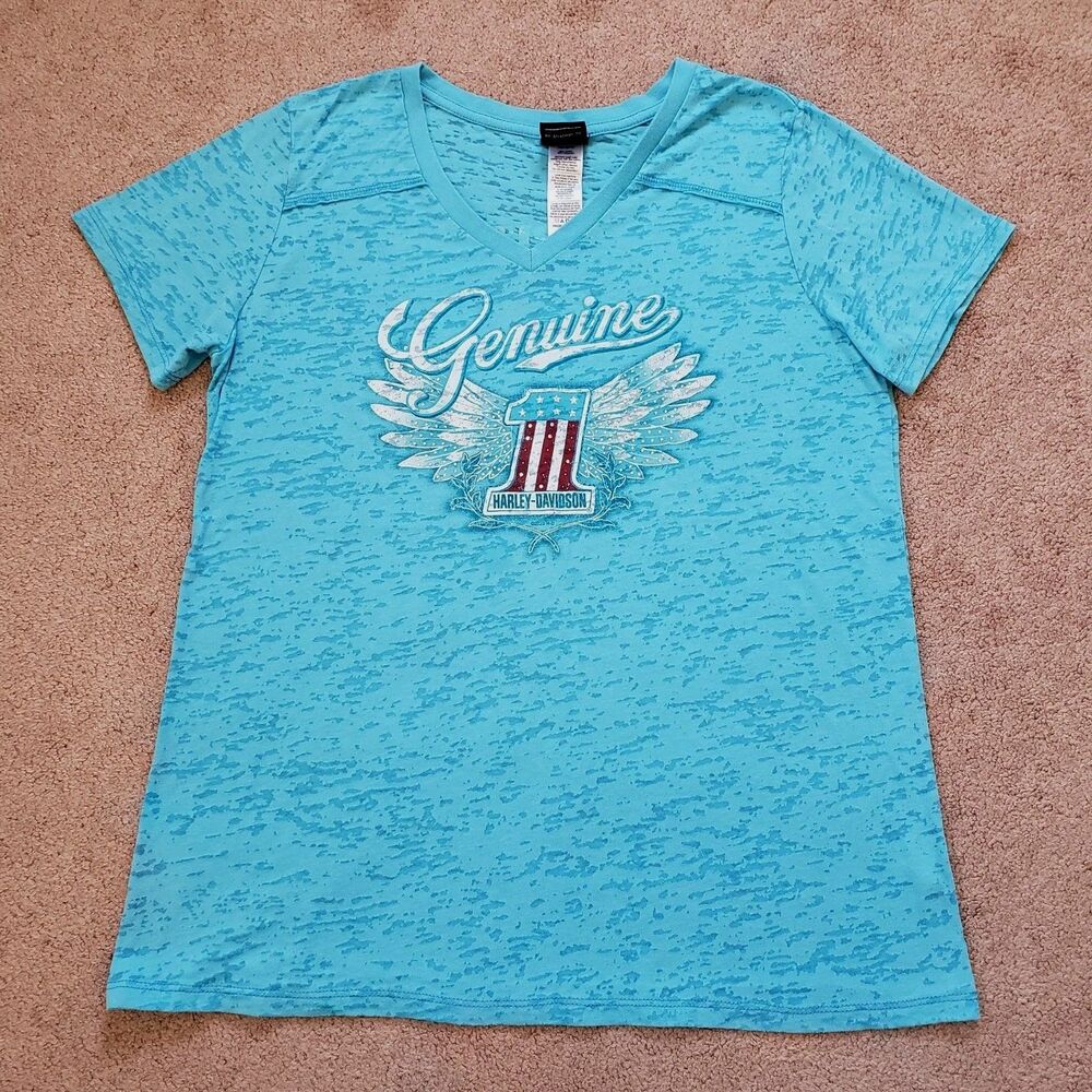 Harley-Davidson York Tee Turquoise Blue Distressed Burnout Style Fabric Size L